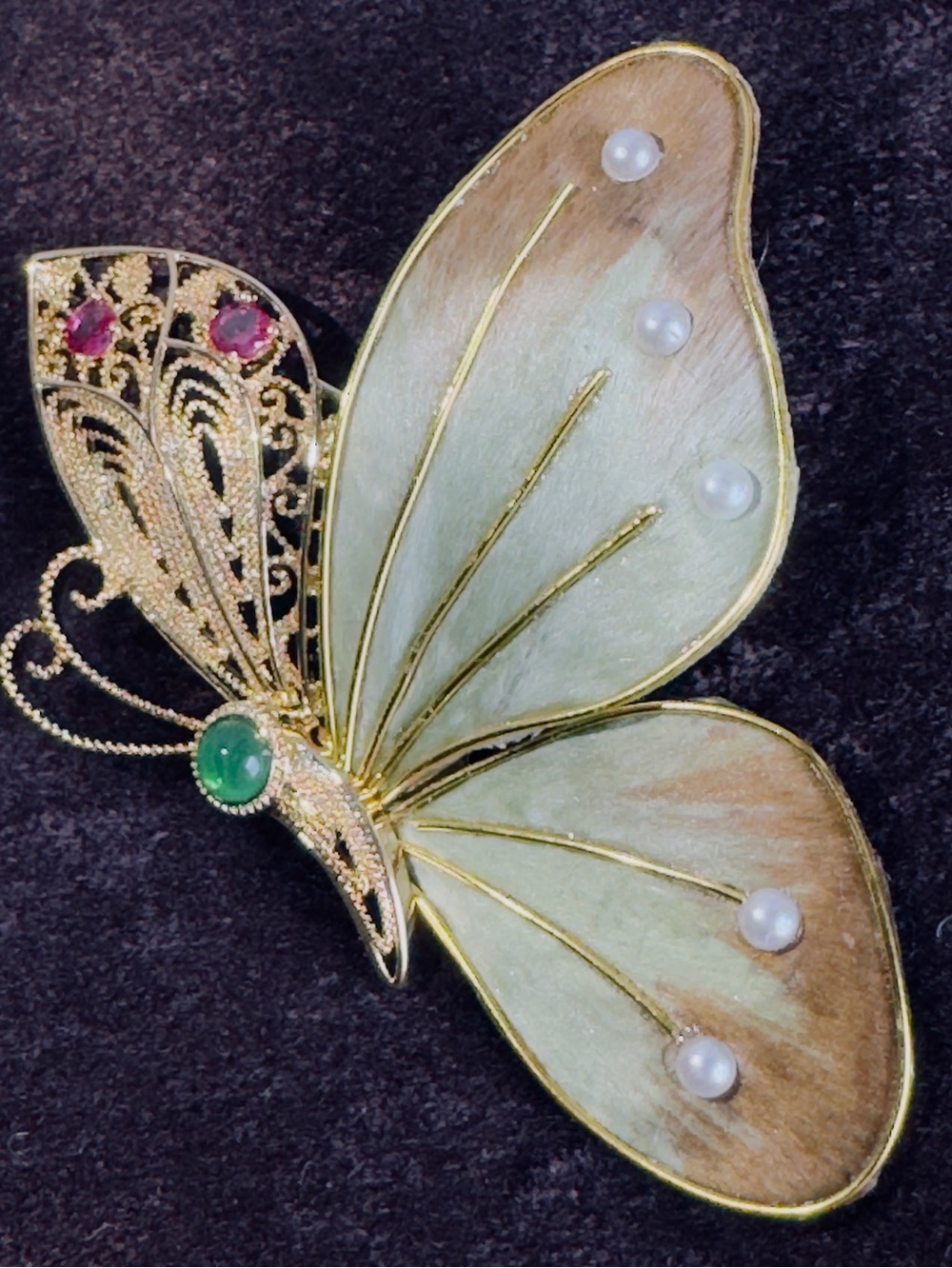 Gold-Tone Silky Butterfly Brooch with Pale Green Wings and Pearl Accents